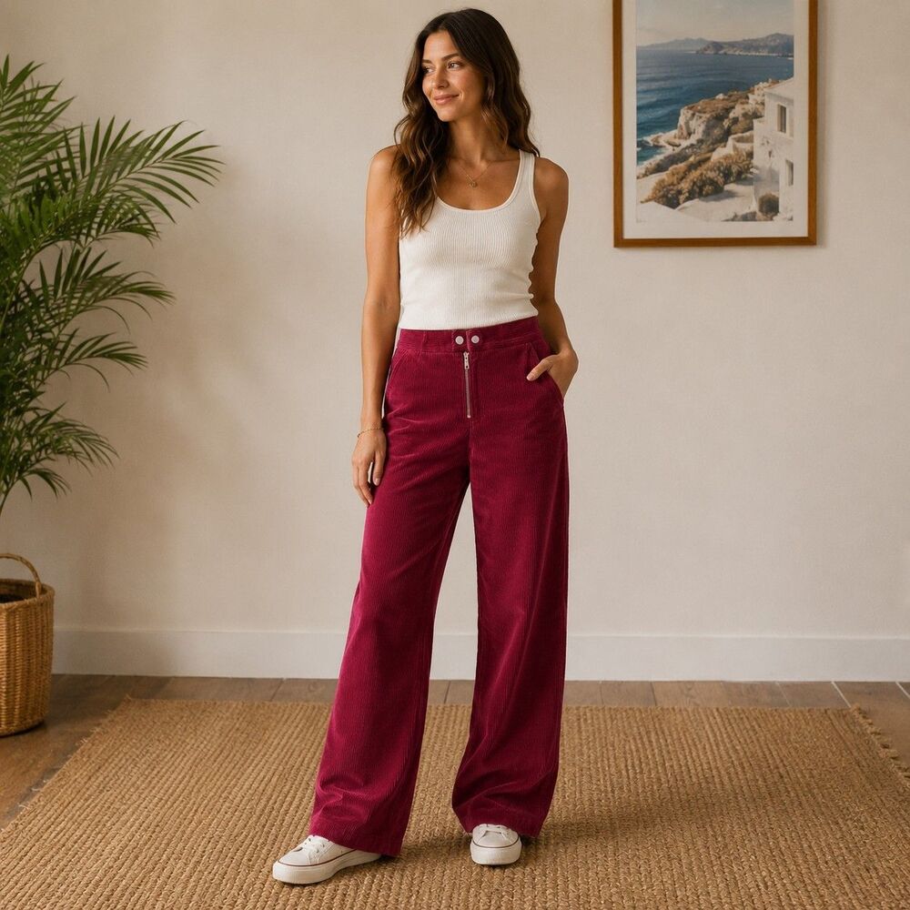 Women's Corduroy Pants Red High Rise Wide Leg Western Boho Retro SZ 4
